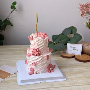 Mini 2 Tier - Pink Flowers With Gold Leaf